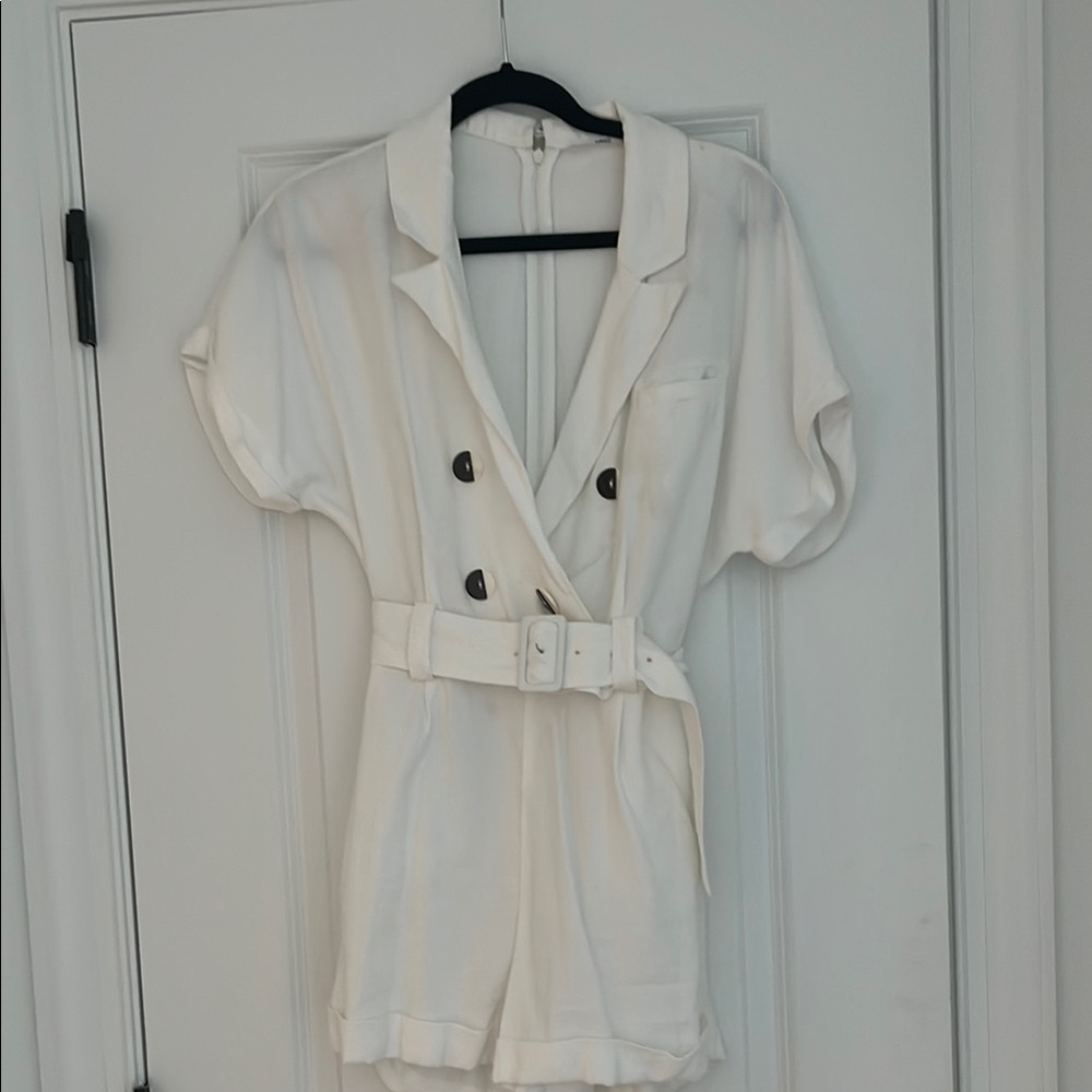 Mango White Short-Sleeve Belted Jumpsuit